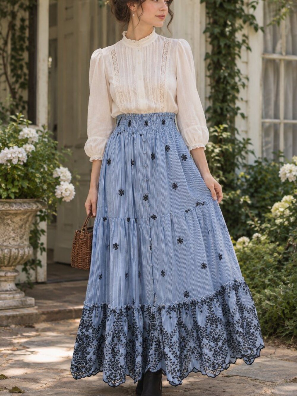 Solitaire Blue White Striped Black Embroidery Front Placket Tiered Maxi Skirt XL
